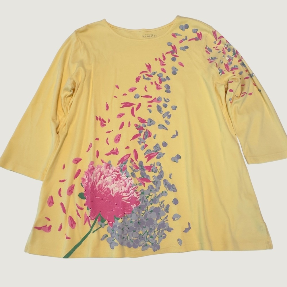 Catalog Favorites Yellow Floral Rhinestone‎ Tunic Top XL 3/4 Sleeve Cotton